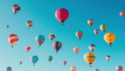 A vibrant display of hot air balloons floating against a clear blue sky.