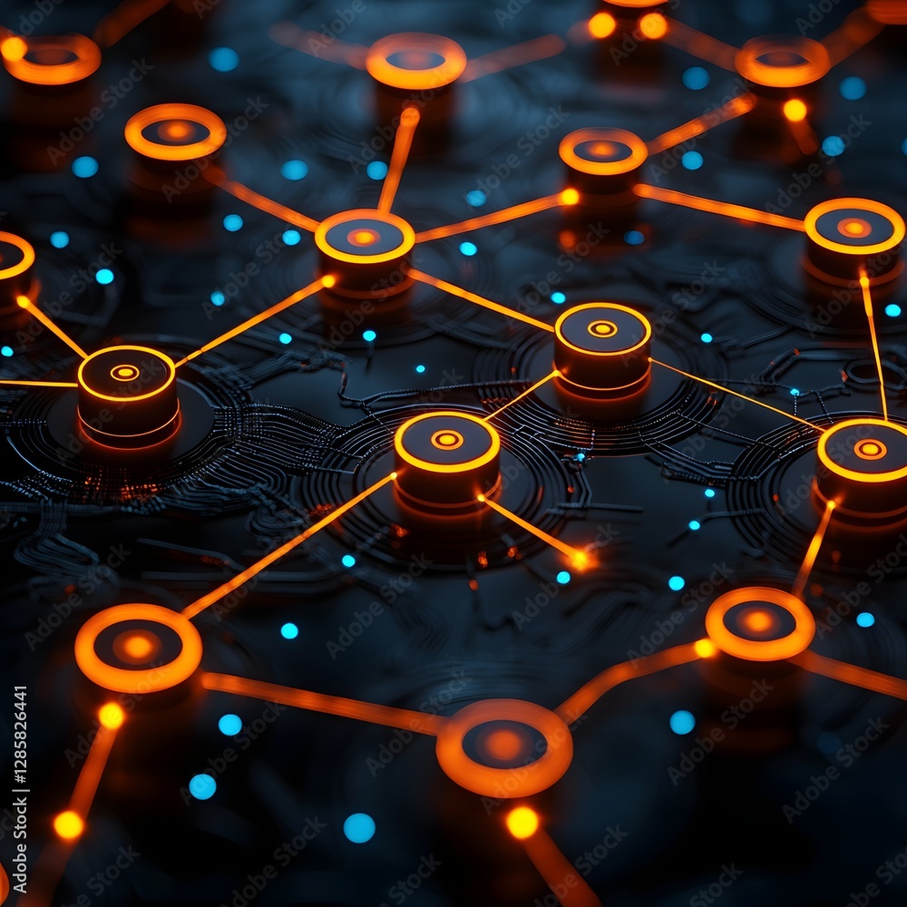 Poster glowing network map connecting business locations with real time data flow in minimal white setting