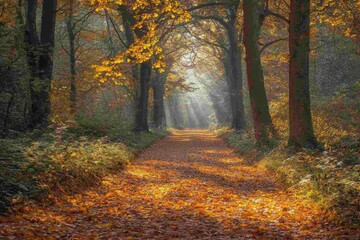 Obraz premium A serene pathway covered with golden autumn leaves, illuminated by soft sunlight filtering through tall trees, creating a magical and peaceful atmosphere in the woods.