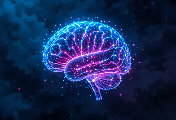 Digital neural networks form a digital brain interface, pulsing with cyan light against a dark technological backdrop