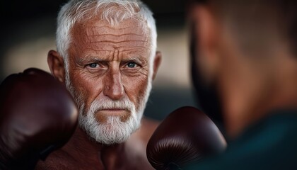 A senior man with gray hair and beard, focused and ready for a boxing match.
