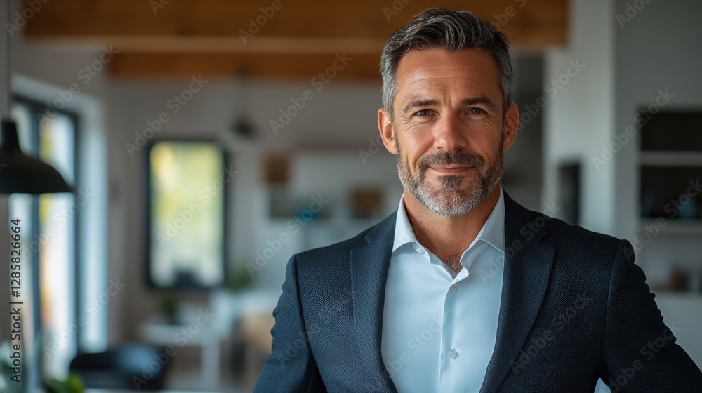Poster man in a suit and tie is smiling for the camera. he looks confident and happy. the room he is in is 