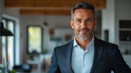 Fototapeta premium Man in a suit and tie is smiling for the camera. He looks confident and happy. The room he is in is well-lit and has a modern design