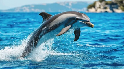 Naklejka premium Oceanic Dolphin Leaps, Coastal Scene, Blue Waters