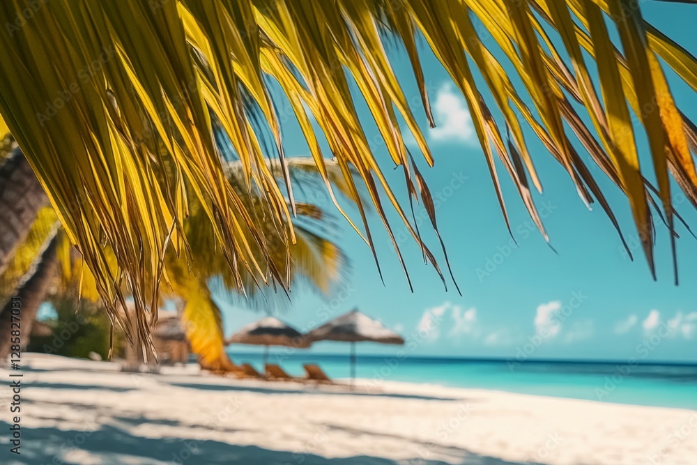Poster palm tree with a leafy green stem is in front of a beach. the beach is empty and the sky is clear