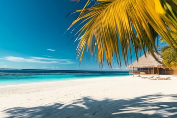 Fototapeta premium Beach with a palm tree and a hut in the background. The sky is blue and the water is calm