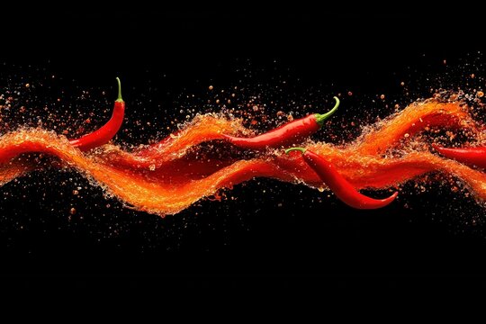 Spicy chili peppers with splashing water on black background