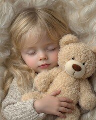 A young girl peacefully sleeping while hugging a teddy bear on a soft blanket.