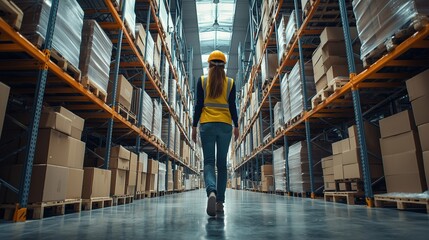 A woman in a yellow safety vest and hard hat walking through a warehouse filled with boxes.