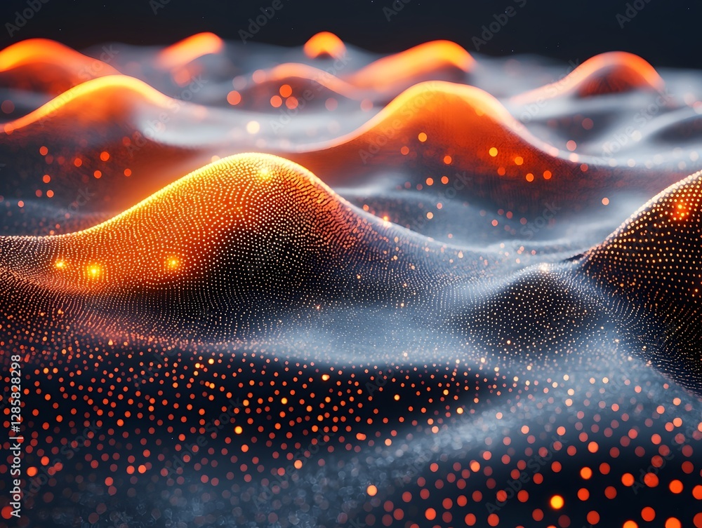Poster glowing data streams converging into radiant insight symbol on serene white background