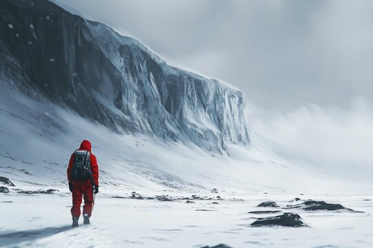 Solitary figure in red exploring icy landscape with dramatic snow-covered cliffs