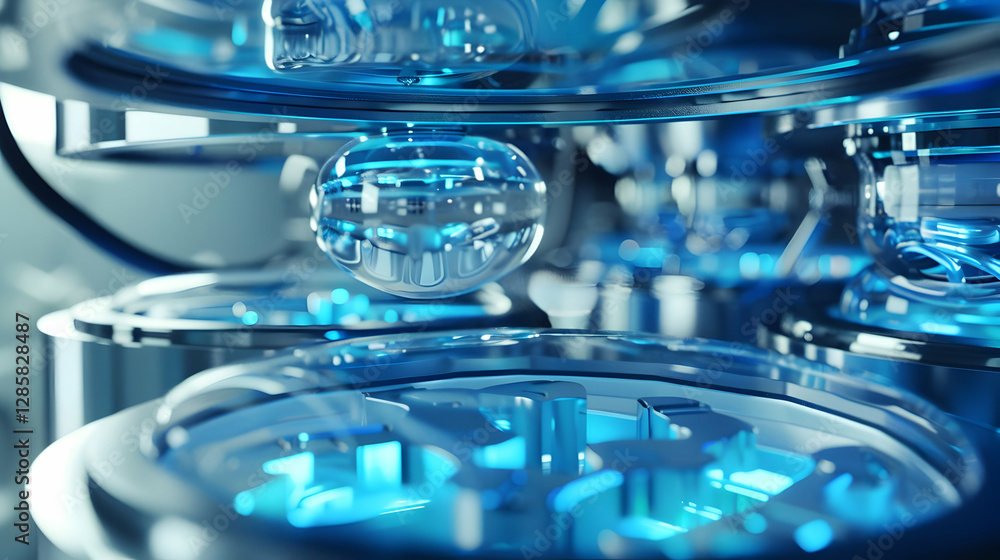Poster close-up view of futuristic transparent spheres and machinery in a high-tech environment