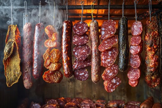 A tempting array of cured meats and sausages hanging from hooks, showcasing traditional smoking techniques and flavor, promising a savory and authentic experience.