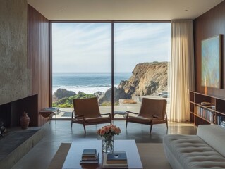 Fototapeta premium A living room with a fireplace and two brown chairs