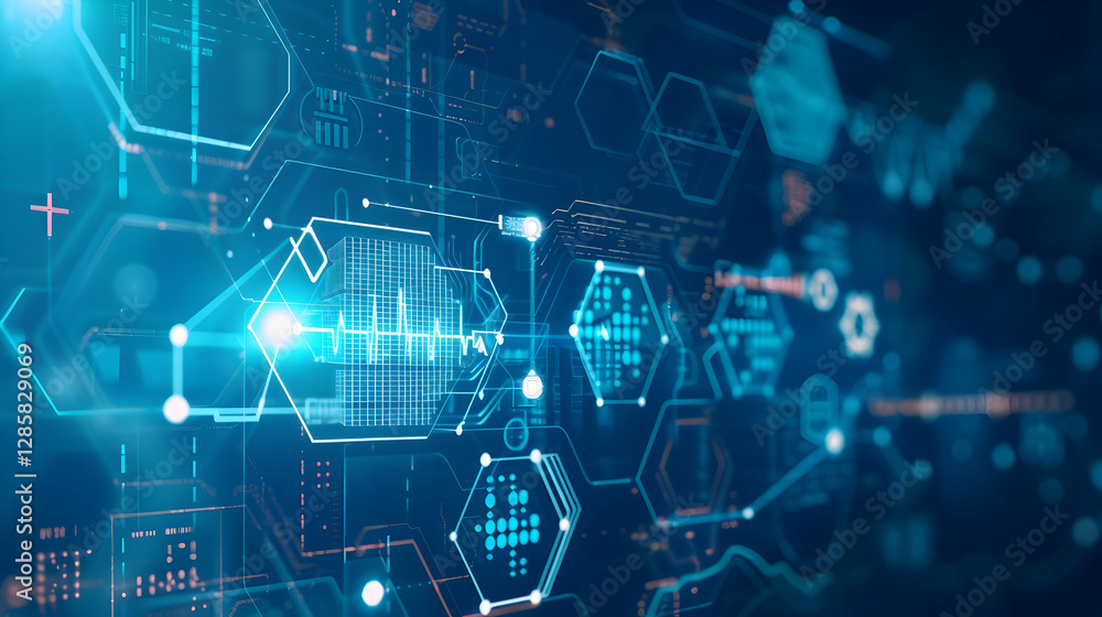  abstract digital technology background featuring hexagonal patterns and glowing lines