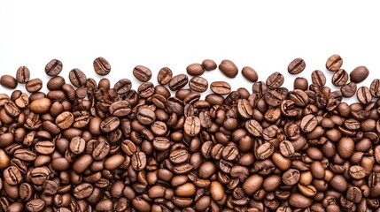 Naklejka premium Close-up of coffee beans on a white background with copy space, top view. 