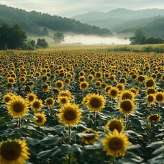 Obraz premium Expansive Sunflower Field Basking in Misty Morning Glow and Radiant Sunlight
