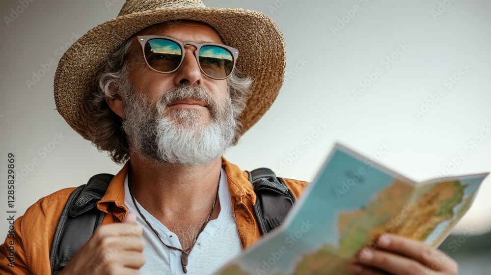 Poster man with a straw hat and sunglasses is holding a map. he is smiling and looking at the map