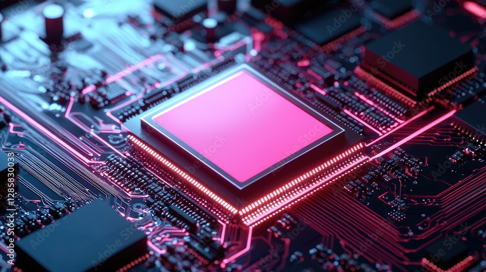 Aufkleber high-tech microchip on circuit board with neon glow effect