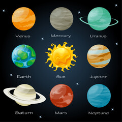 Planets of solar system illustration. solar system vector.  cute illustration of planets. solar system planets illustration set for education.