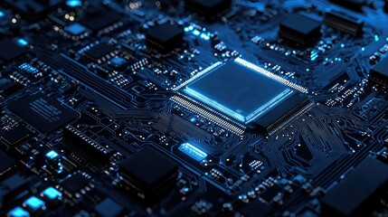 Fototapeta premium Futuristic Circuit Board with Blue Lighting and Digital Components