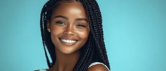 Woman with long, curly hair is smiling at the camera. She has a bright, happy expression on her face