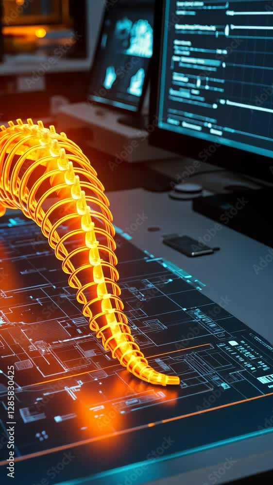Poster bright orange futuristic design of a glowing object on a high-tech workstation in a digital environm