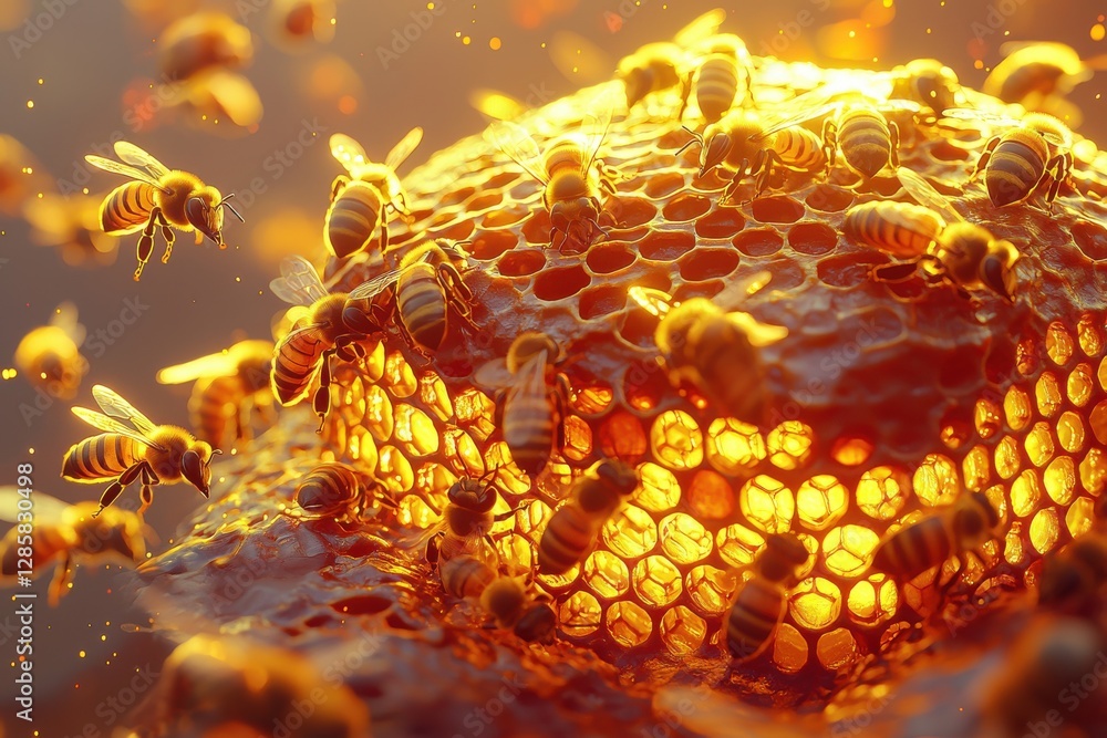 Poster an eye-level perspective on a swarm of bees clustering around a glowing honeycomb, highlighting the 