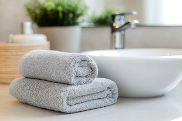 Scandinavian bathroom inspiration with light gray towel and minimalist decor