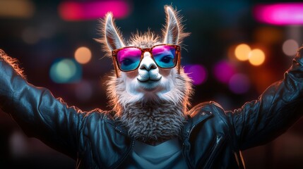 Llama wearing sunglasses and a leather jacket is posing for a picture. The scene has a fun and playful mood, with the llama looking like it's having a good time