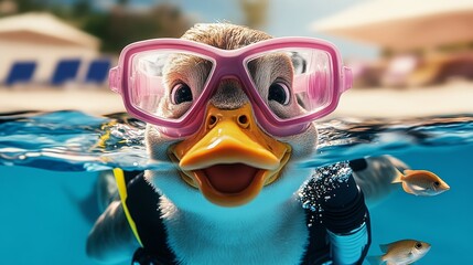 Duck wearing goggles and a black and pink suit is swimming in a pool. The duck is smiling and he is enjoying itself