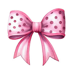 Pink bow. Fashion or baby shower bow with polka dot pattern. Watercolor illustration.