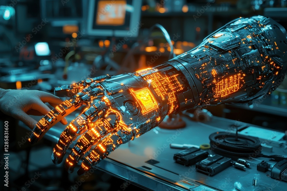 Poster a close up view of a futuristic robotic arm with glowing circuitry being examined in a high-tech lab