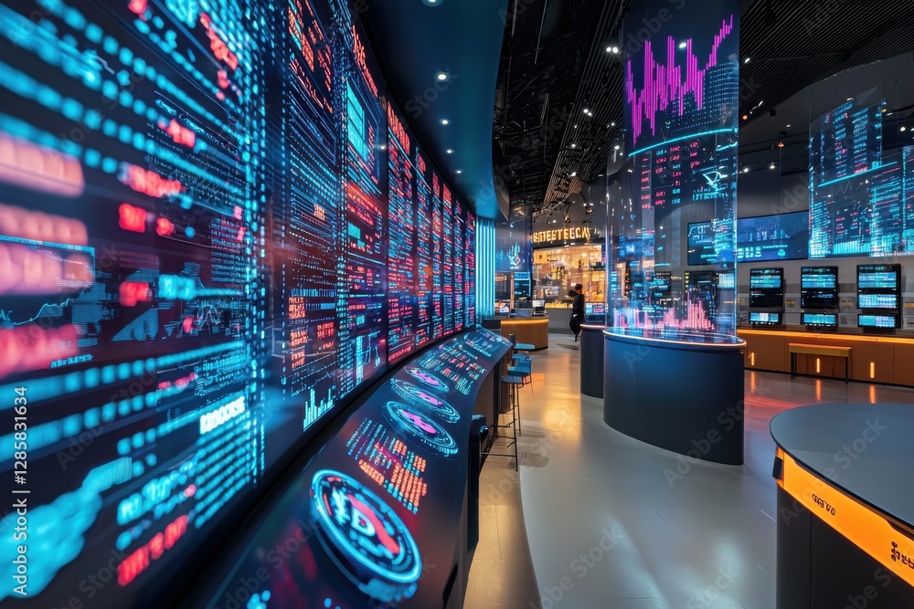 Aufkleber futuristic financial data center with large screens displaying stock market trends and cryptocurrenc
