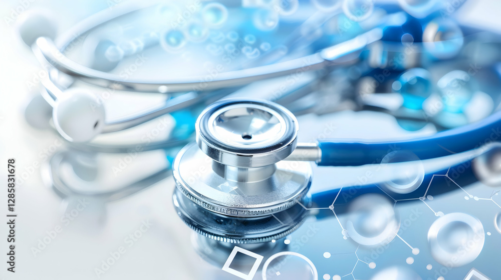 Poster close-up of a stethoscope on a reflective surface with abstract medical elements in the background