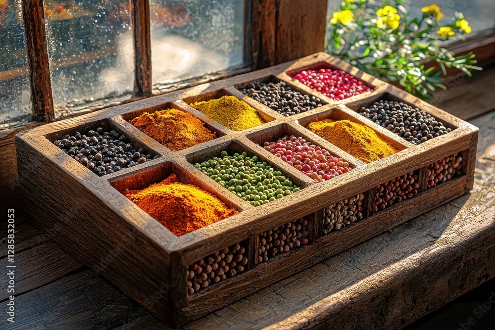 Poster an assortment of colorful dried spices and seeds in a rustic wooden box sitting by a sunlit window, 