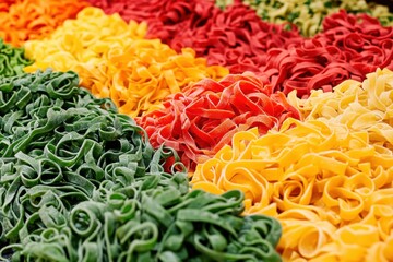 A vibrant medley of freshly made tagliatelle pasta in an array of delightful colors, creating a captivating culinary mosaic perfect for Italian food enthusiasts.