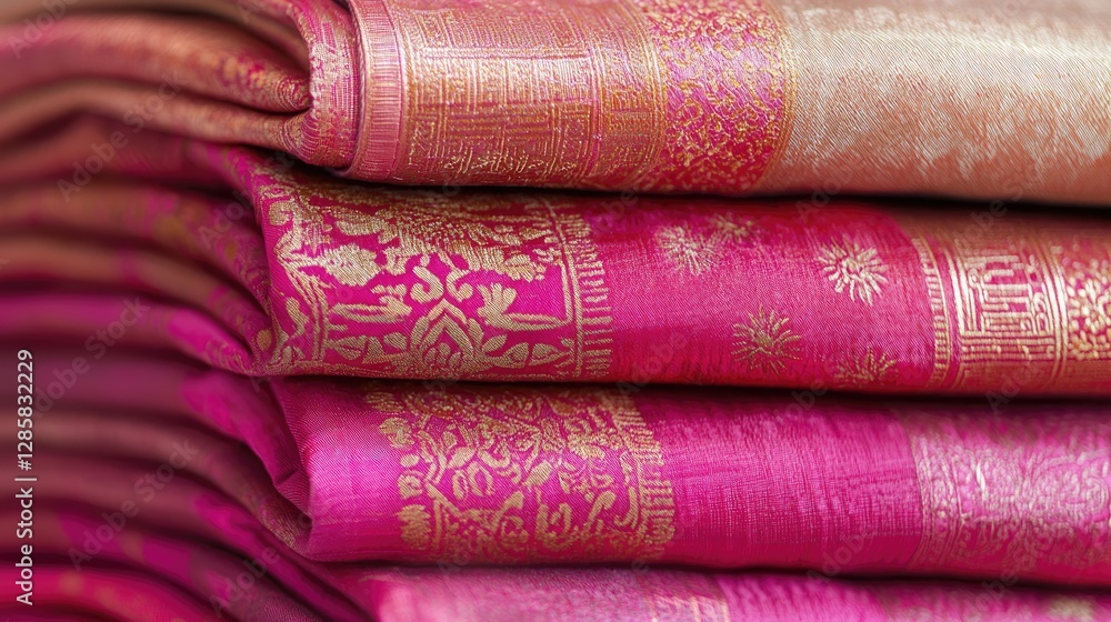 Poster elegant textiles with intricate patterns in rich pink and gold hues