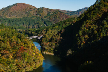 Fukushima, Japan-November 8,2024 : Bridge view of the mountain in autumn season with train