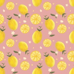 Lemons and Blossoms Seamless Pattern on pink background color