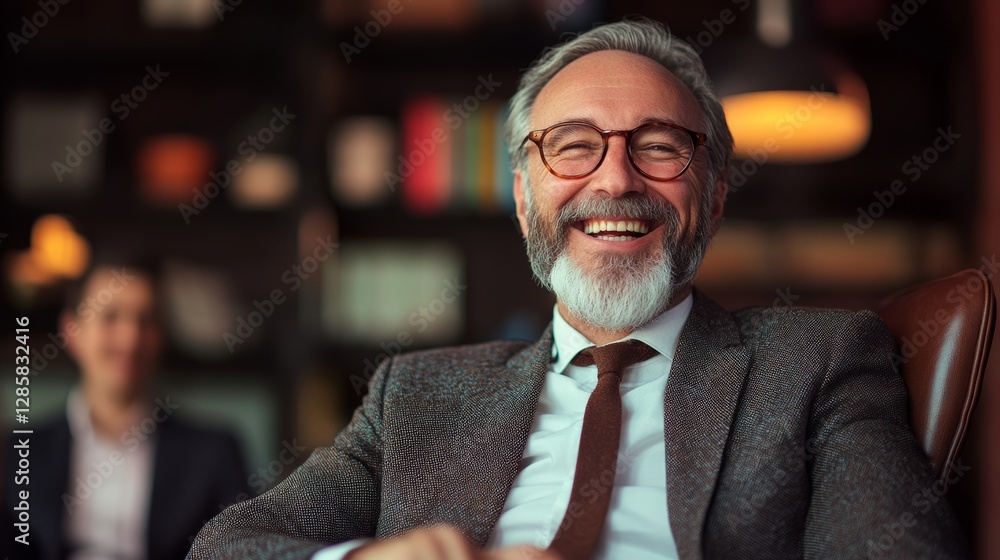 Poster man wearing a suit and tie is smiling and sitting in a chair. he is surrounded by books, which sugge