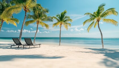 Beach scene with two lounge chairs and palm trees. The chairs are empty and the palm trees are tall. The beach is calm and peaceful, with the ocean in the background