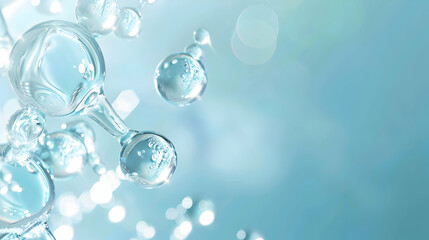 Abstract representation of water molecules with bubbles on a soft blue background, evoking freshness