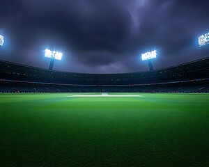 A cricket stadium illuminated at night under a dark sky