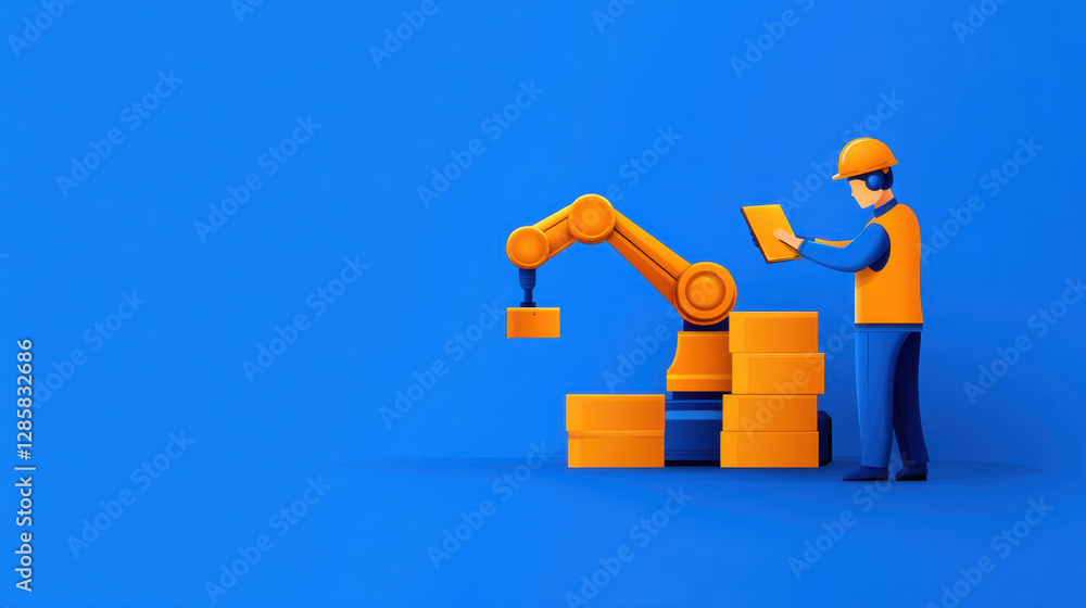 Poster a worker monitors a robotic arm operating on colorful blocks against a bright blue background.