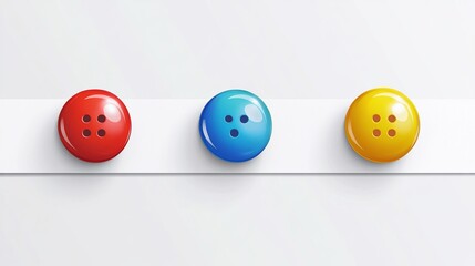 Three colorful buttons arranged on a white strip.