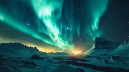 Fototapeta premium Magical Green Aurora Dancing Above Snowy Peaks - Made with Generative AI