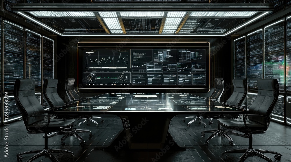 Poster modern conference room with display screens and data visualizations
