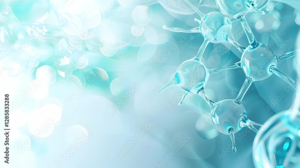 Poster abstract representation of molecular structures with soft blue bokeh background, suggesting scientif