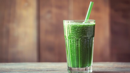 Fresh Green Smoothie in Glass with Straw on Wooden Background